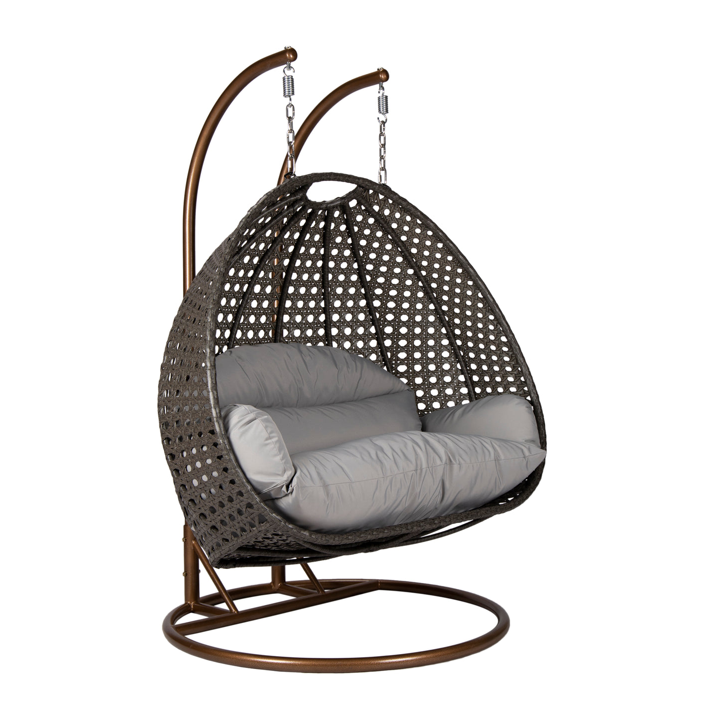 Hangstoel Dubai bruin met goud frame en grijs kussen