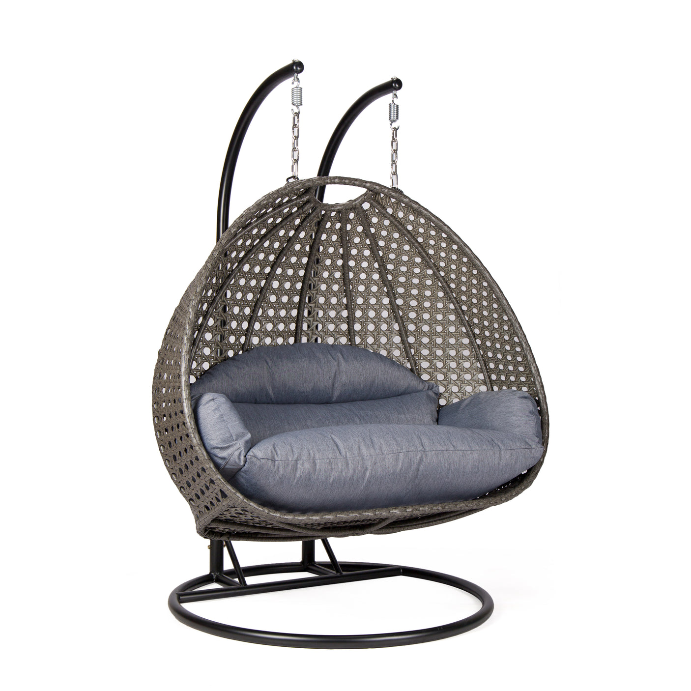 Hangstoel Dubai bruin met zwart frame en dusty blue kussen