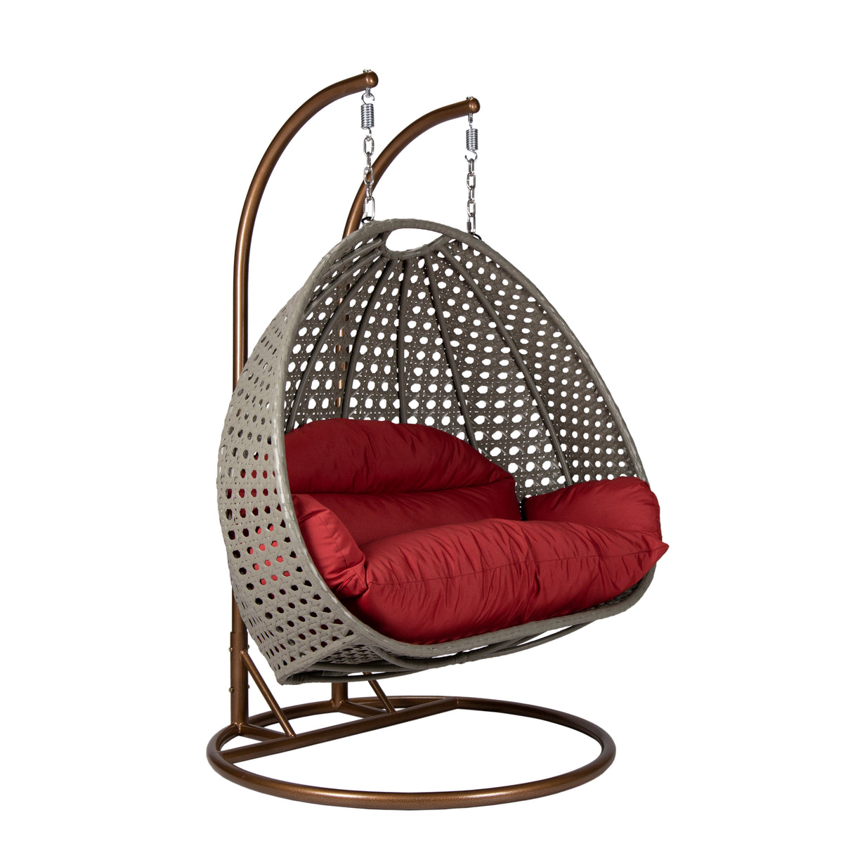 Hangstoel Dubai grijs met goud frame en rood kussen