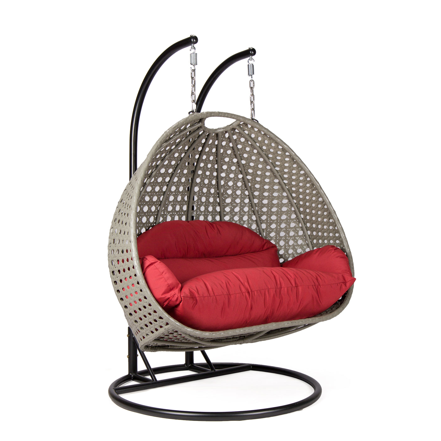 Hangstoel Dubai grijs met zwart frame en rood kussen