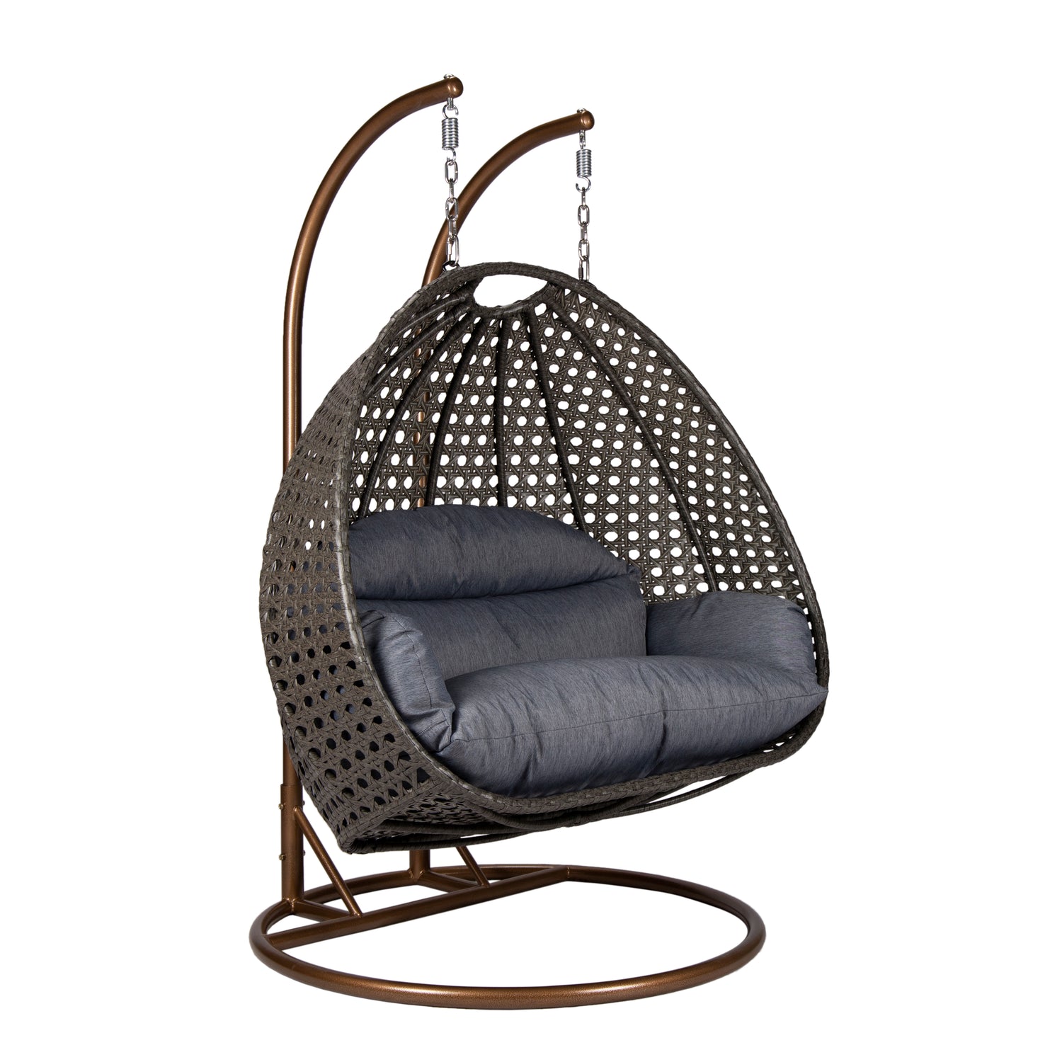 Hangstoel Dubai bruin met goud frame en dusty blue kussen 