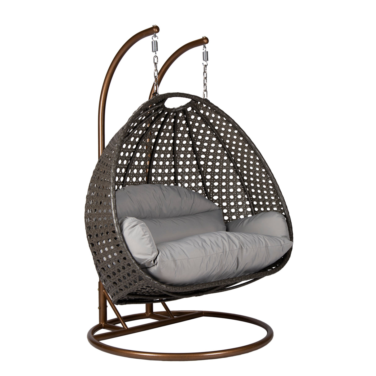 Hangstoel Dubai bruin met goud frame en grijs kussen 