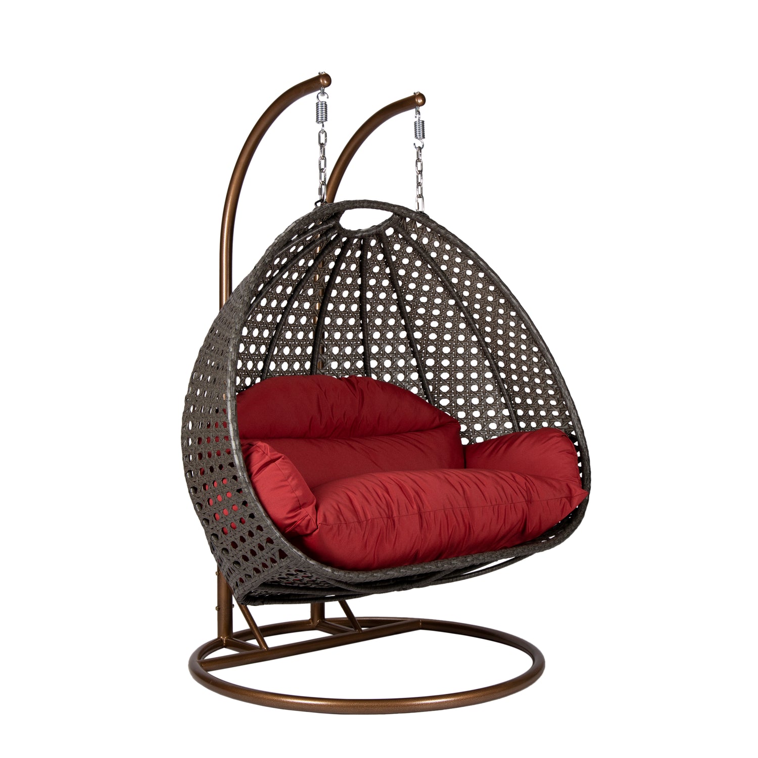 Hangstoel Dubai bruin met goud frame en rood kussen 