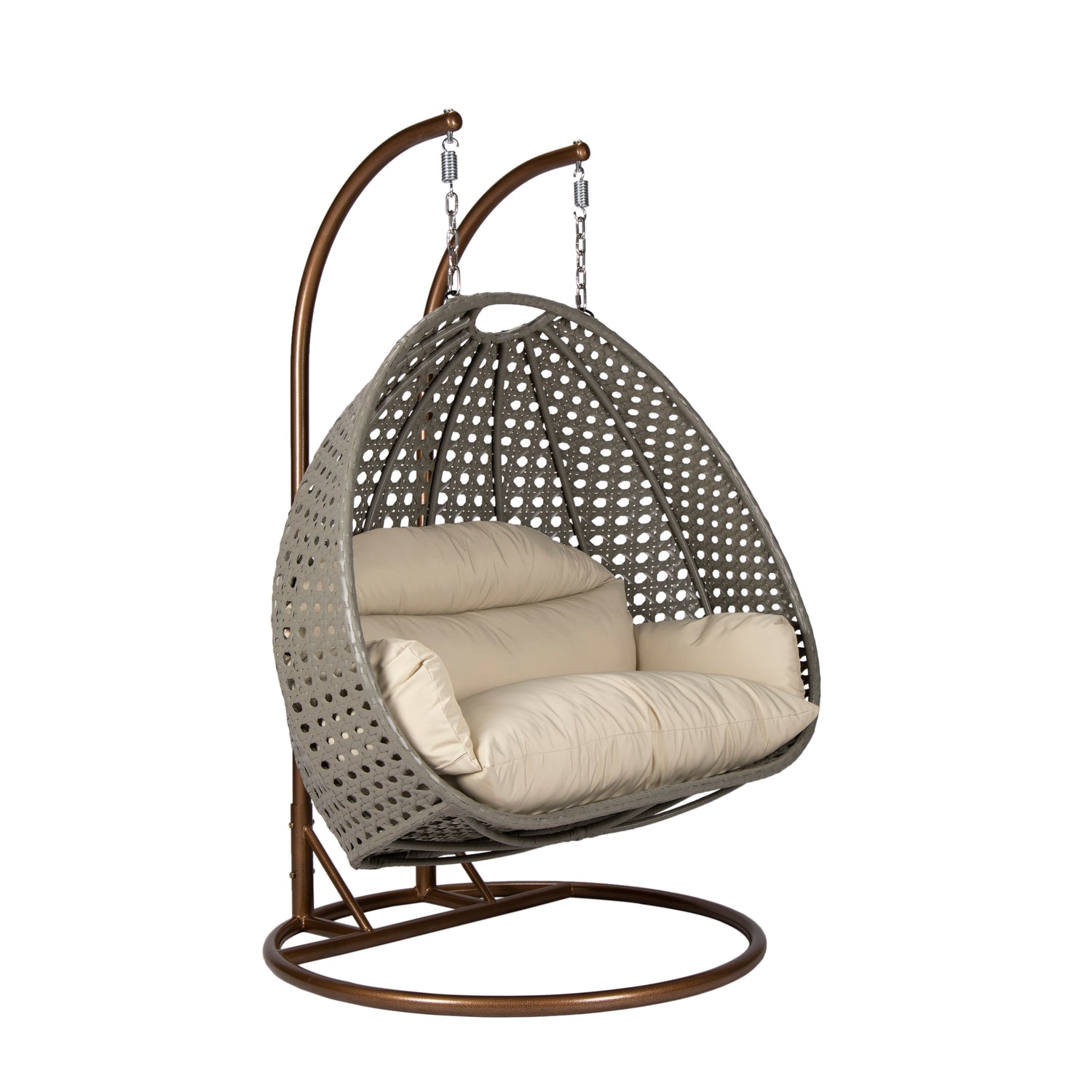 Hangstoel Dubai grijs met goud frame en beige kussen 