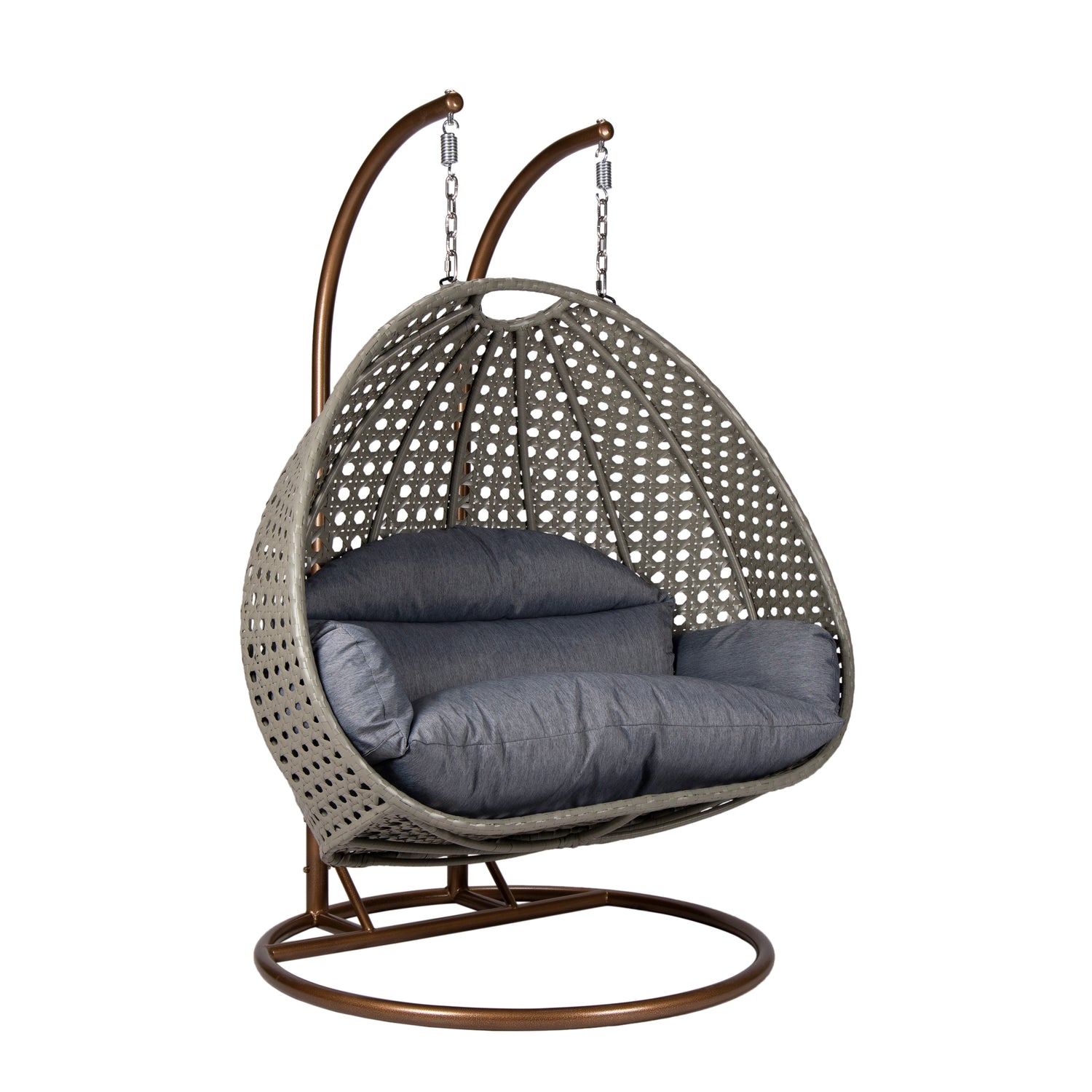 Hangstoel Dubai grijs met goud frame en dusty blue kussen 