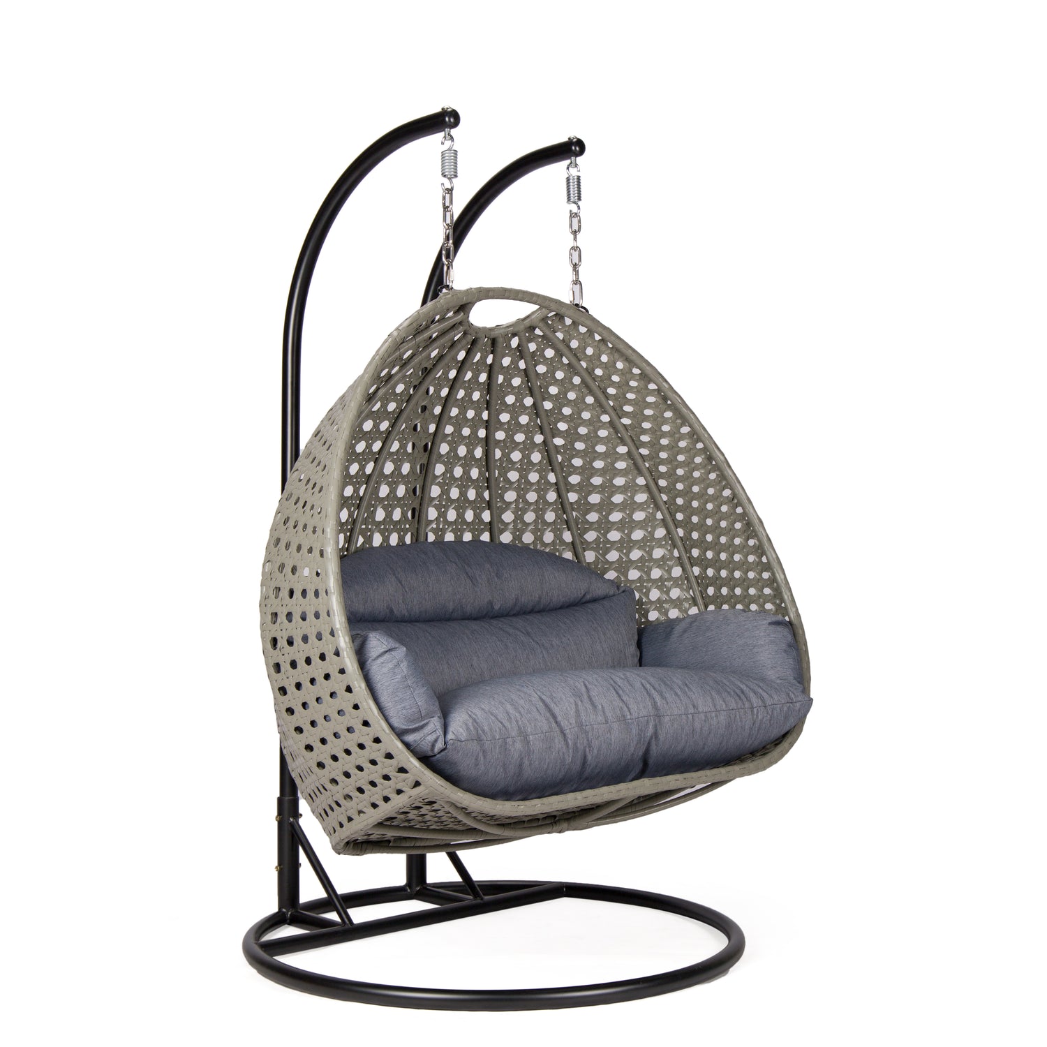 Hangstoel Dubai grijs met zwart frame en dusty blue kussen 