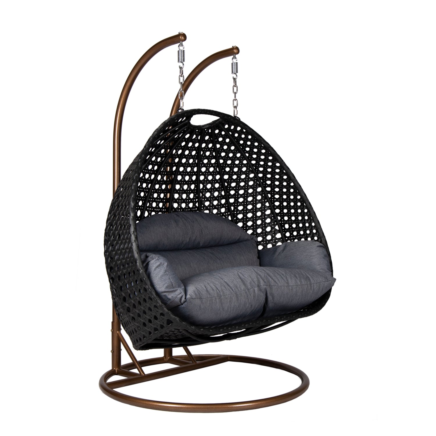 Hangstoel Dubai zwart met goud frame en dusty blue kussen 