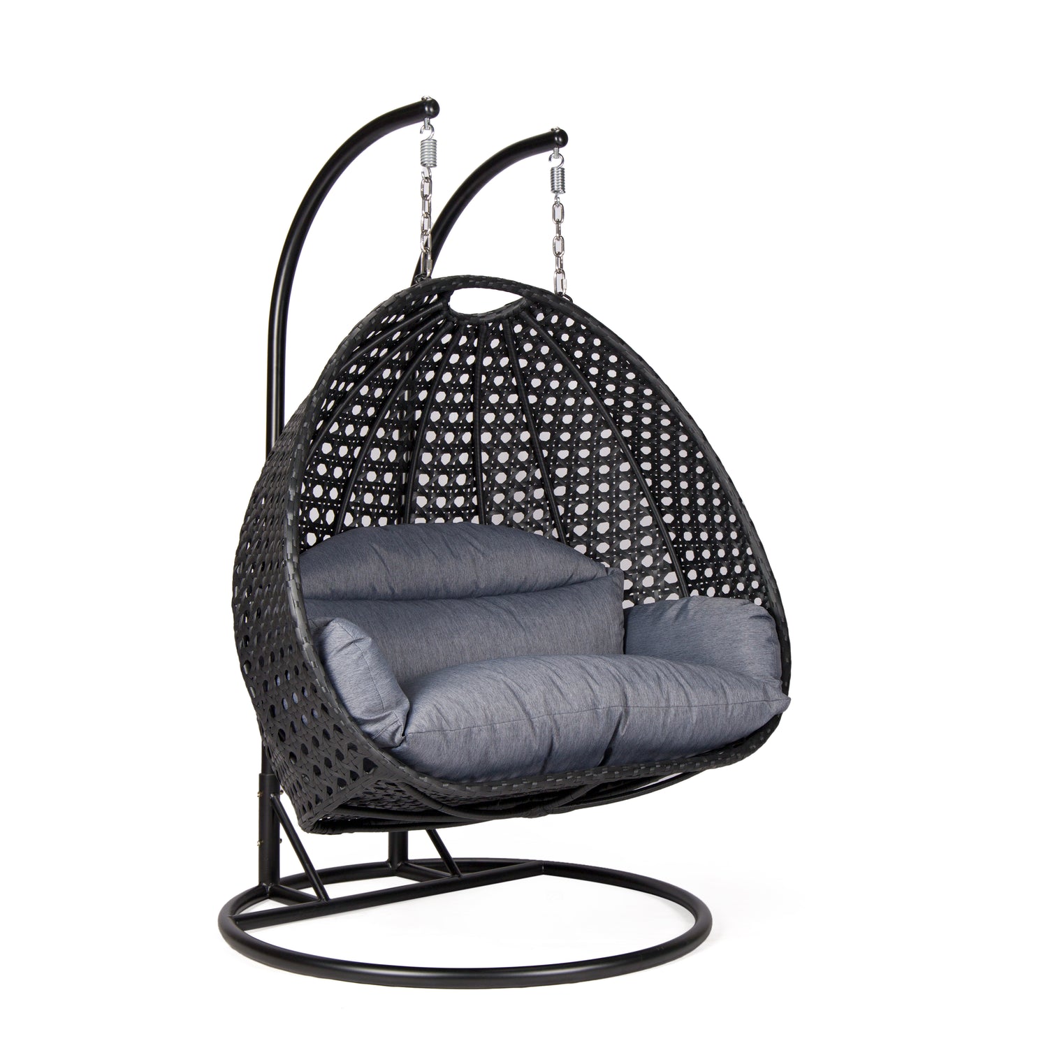 Hangstoel Dubai zwart met zwart frame en dusty blue kussen 