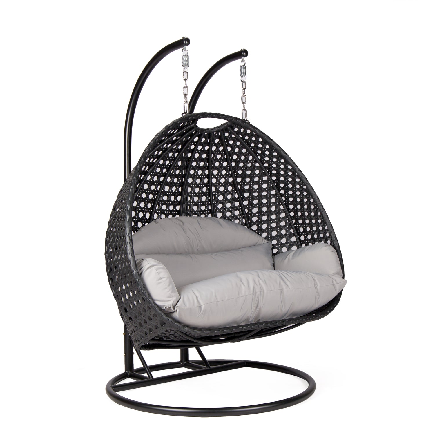 Hangstoel Dubai zwart met zwart frame en grijs kussen 